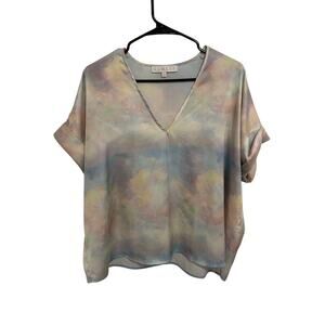 KARLIE Women's Medium Tie Dye Multicolor Short Rolled Sleeve V-Neck Blouse